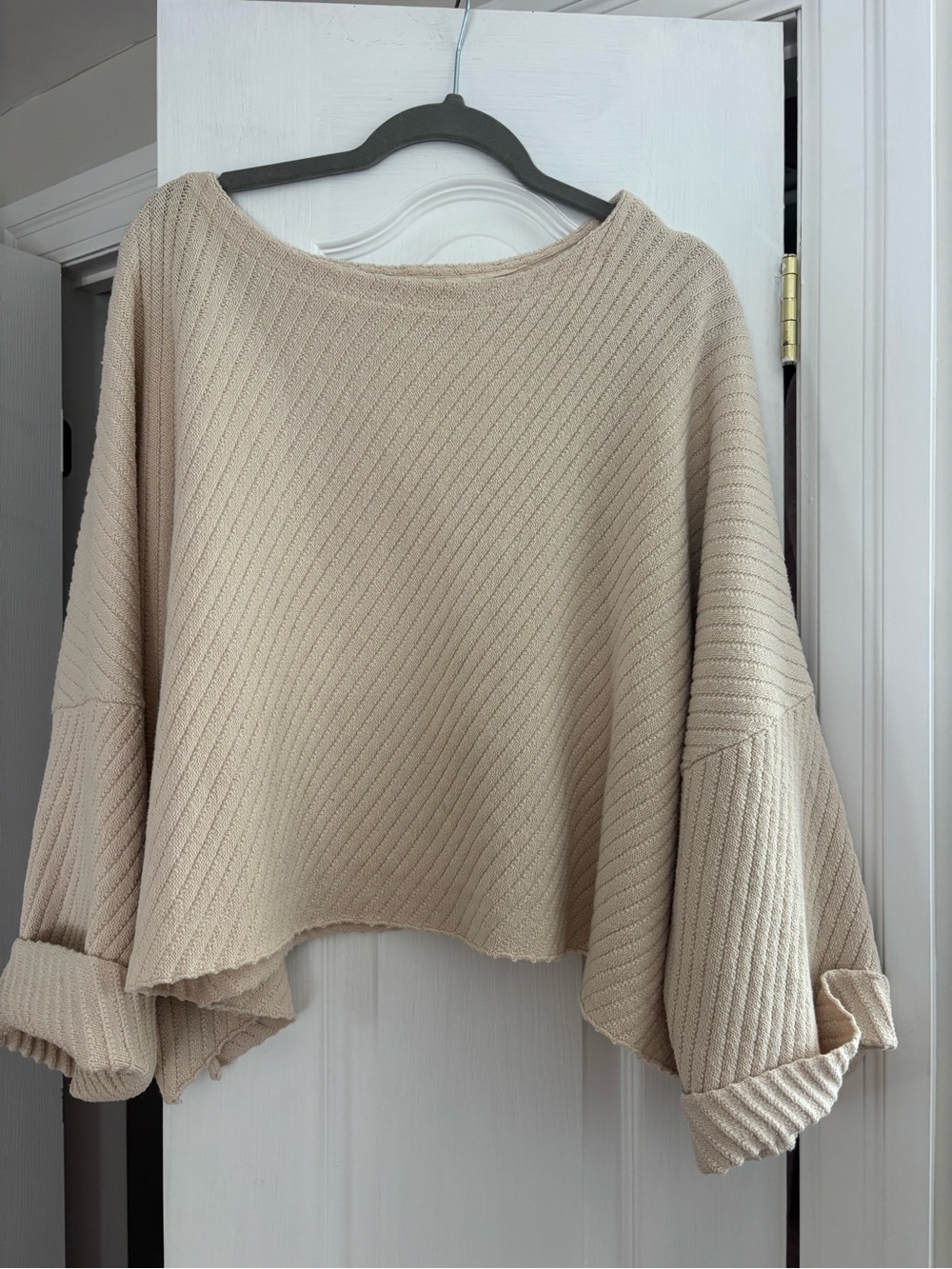 Free People Beige Ribbed Wide-Sleeve Scoop Neck Sweater
